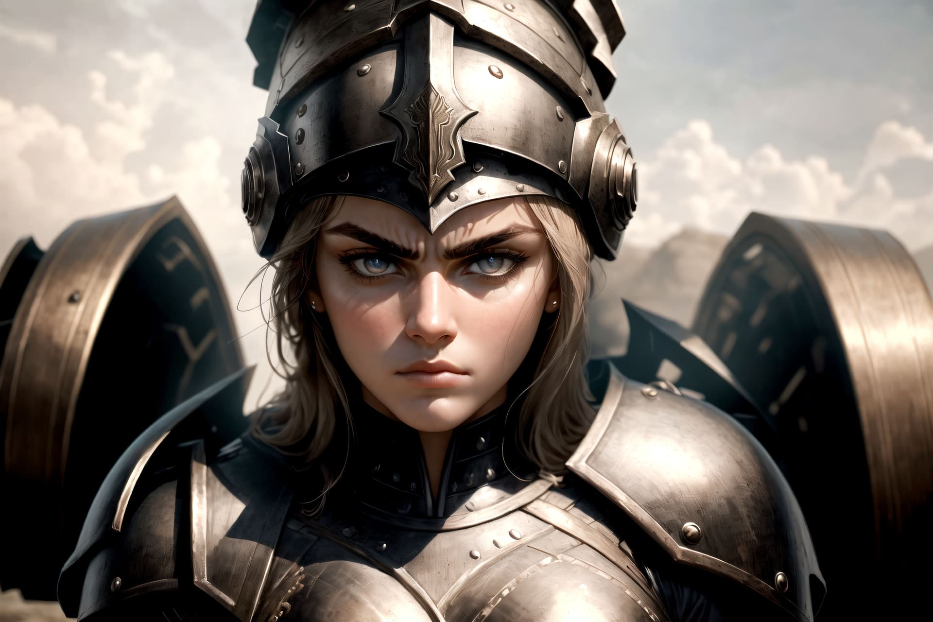 AI generated: ((best quality)), ((masterpiece)), (detailed), beautiful face, (1 female), female warrior, (defiance...