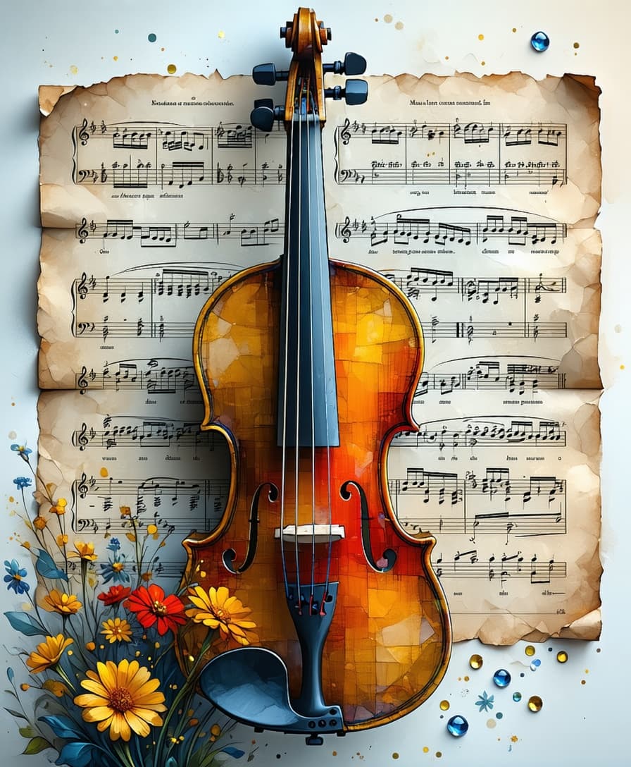 AI generated: Create a photorealistic image of a hand-drawn violin with softly blurred outlines, accompanied by sh...