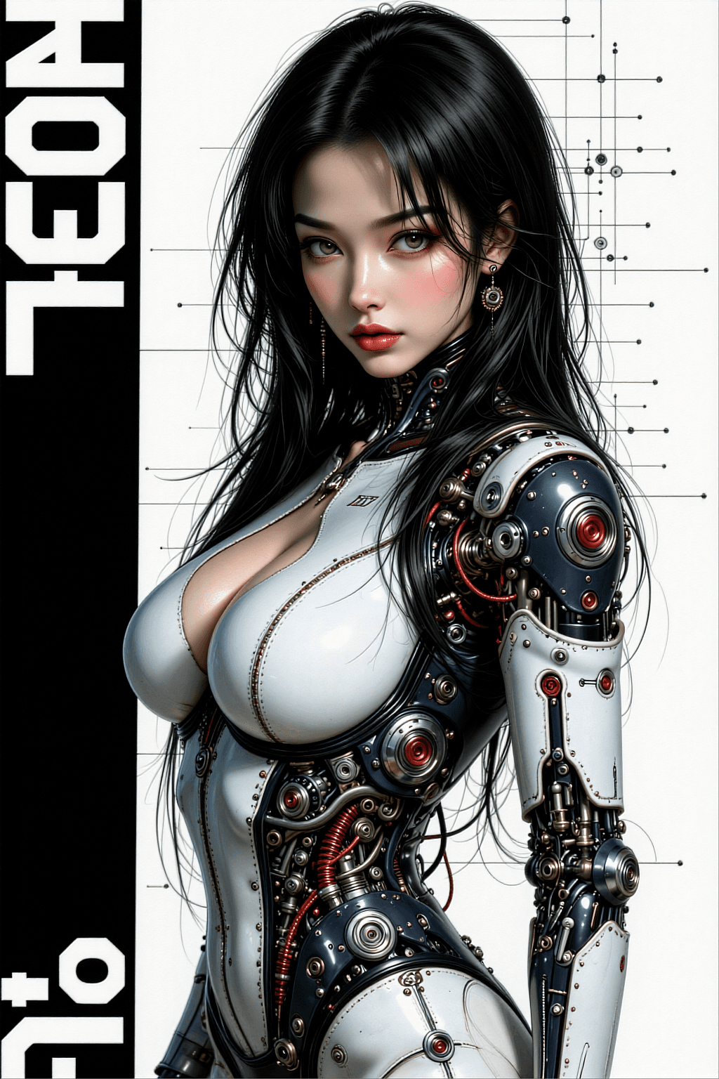 AI generated: Ultra-detailed cinematic portrait of a Hong Kong female cyborg , navy and white metallic limbs parti...