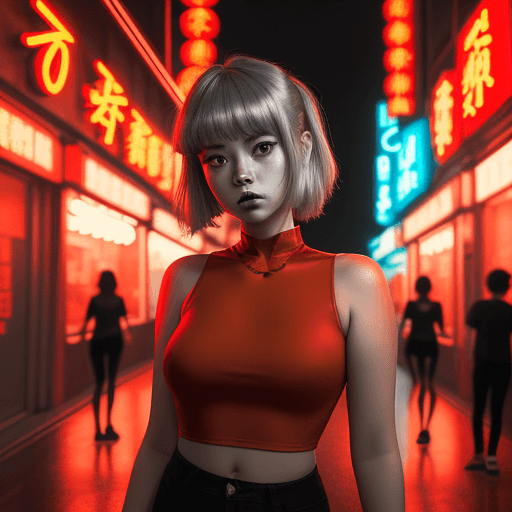 AI generated: a girl in a red
 top in a neon city, in the style of chinapunk, iconic album covers, soft-focus port...
