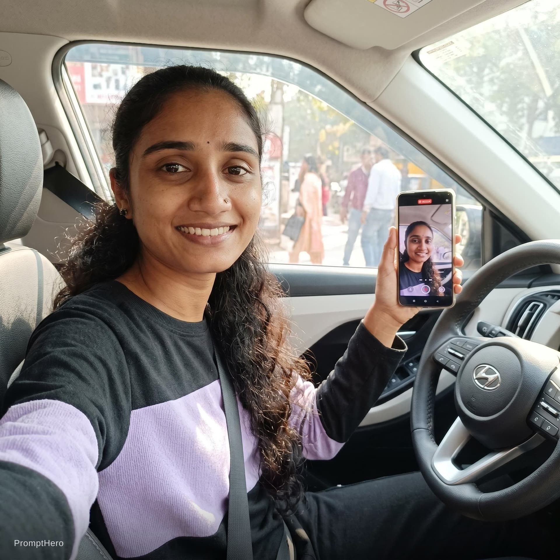 AI generated: this woman, but inside the car in the driver's seat, recording herself in selfie mode