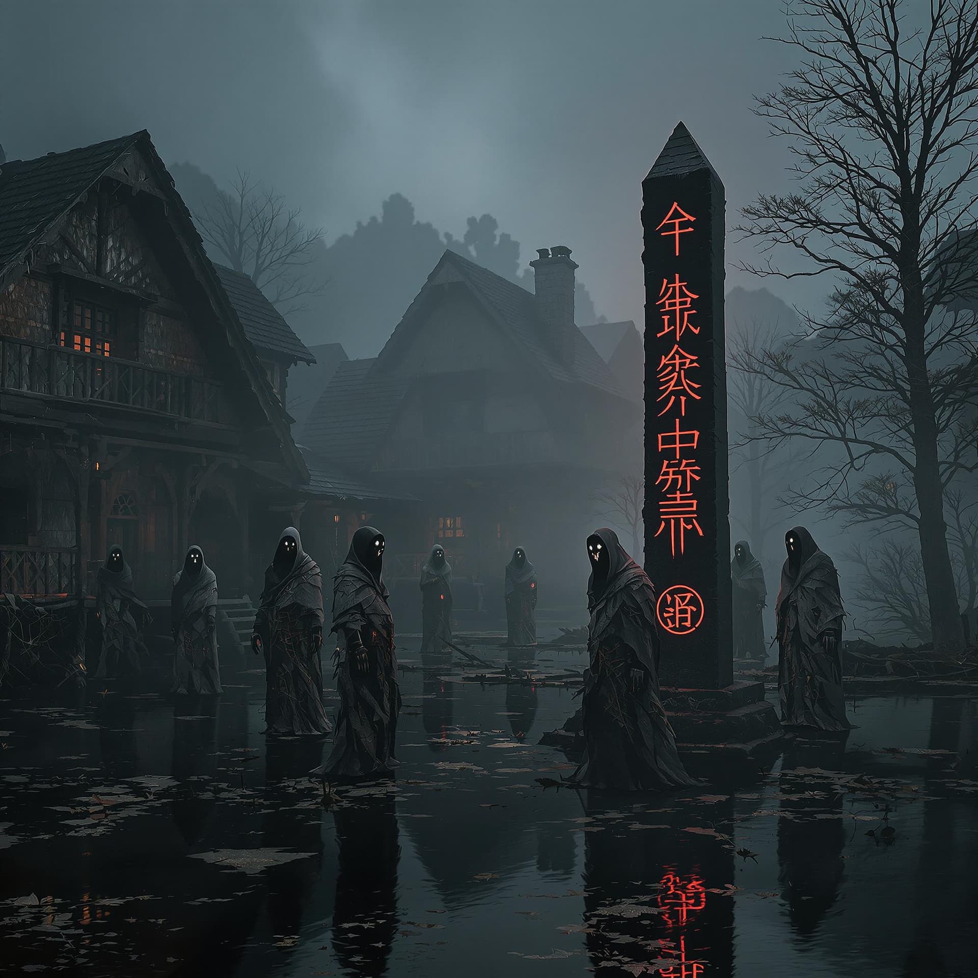 AI generated: Medieval foggy swamp village at dawn, wooden huts on stilts over black water, six mysterious figures...