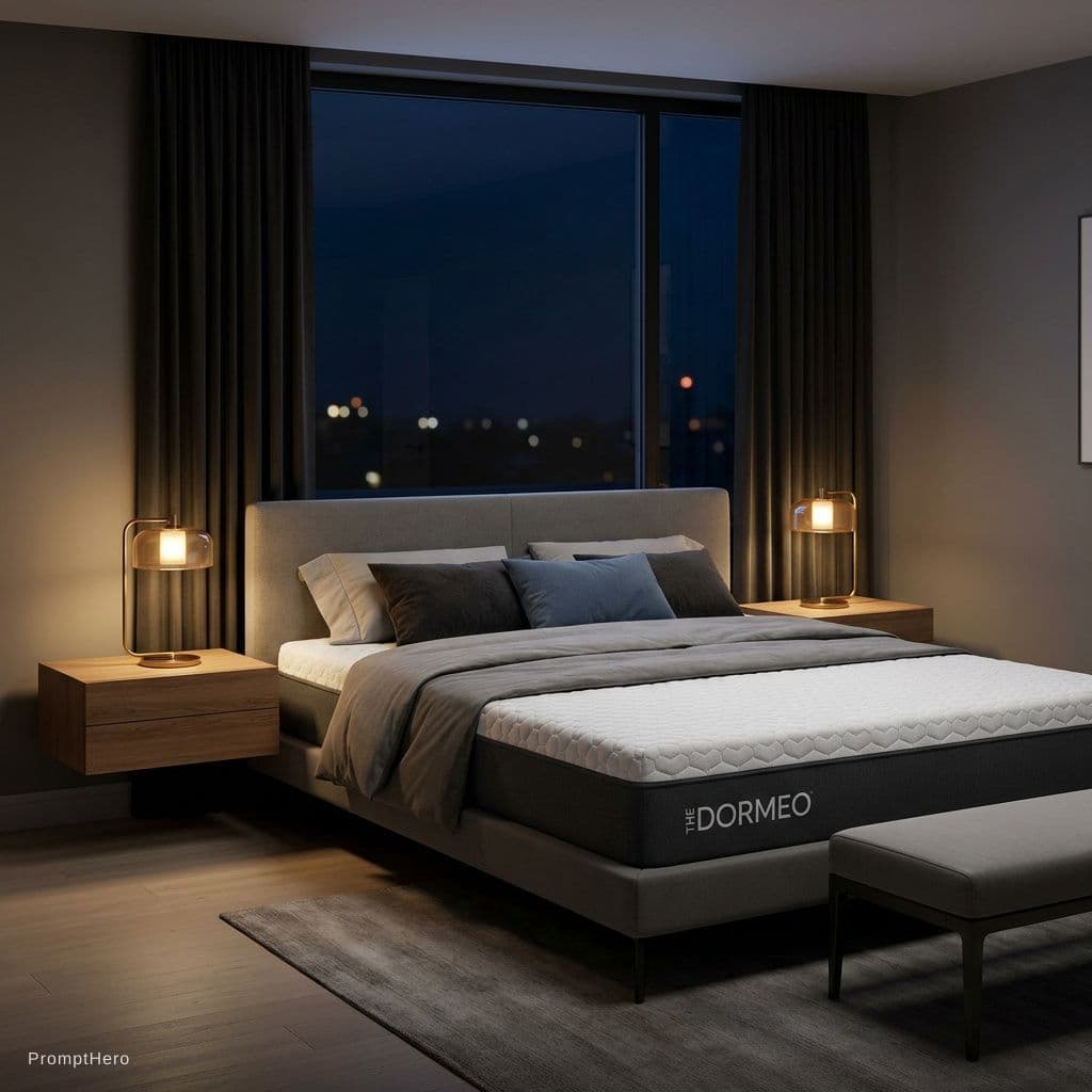 AI generated: place this matress on a bed in a bedroom moderne with a back xindox and furniture in a nghit
