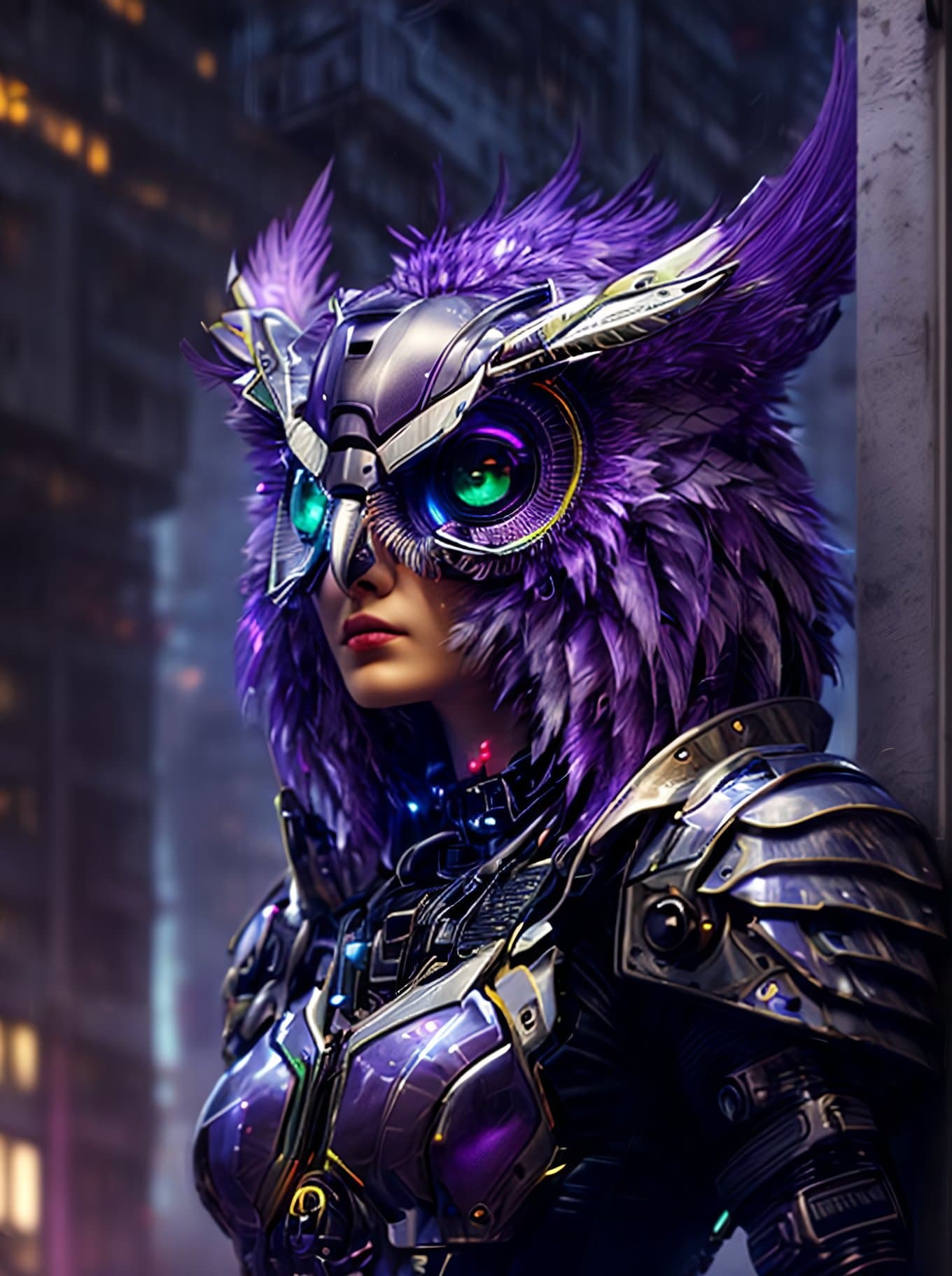 AI generated: Cybernetic owl person leaning against a building, nvinkpunk style, (owl head), large head, feathers,...