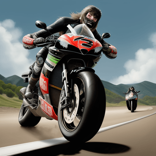 AI generated: An extreme caricature of wild motorcycle racing on a country road, with exaggerated features such as...