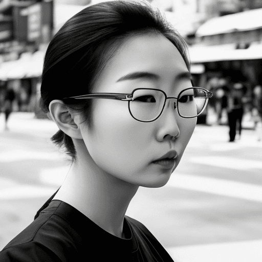 AI generated: photography, side view, upper-body, portray an innocent professional korean woman model standing aga...
