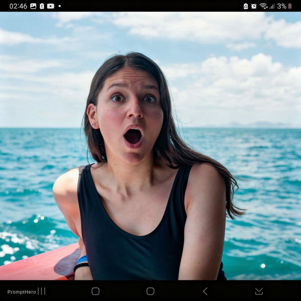 AI generated: abre la boca grande bien sorprendida, en forma ovalada, muestra las tetas