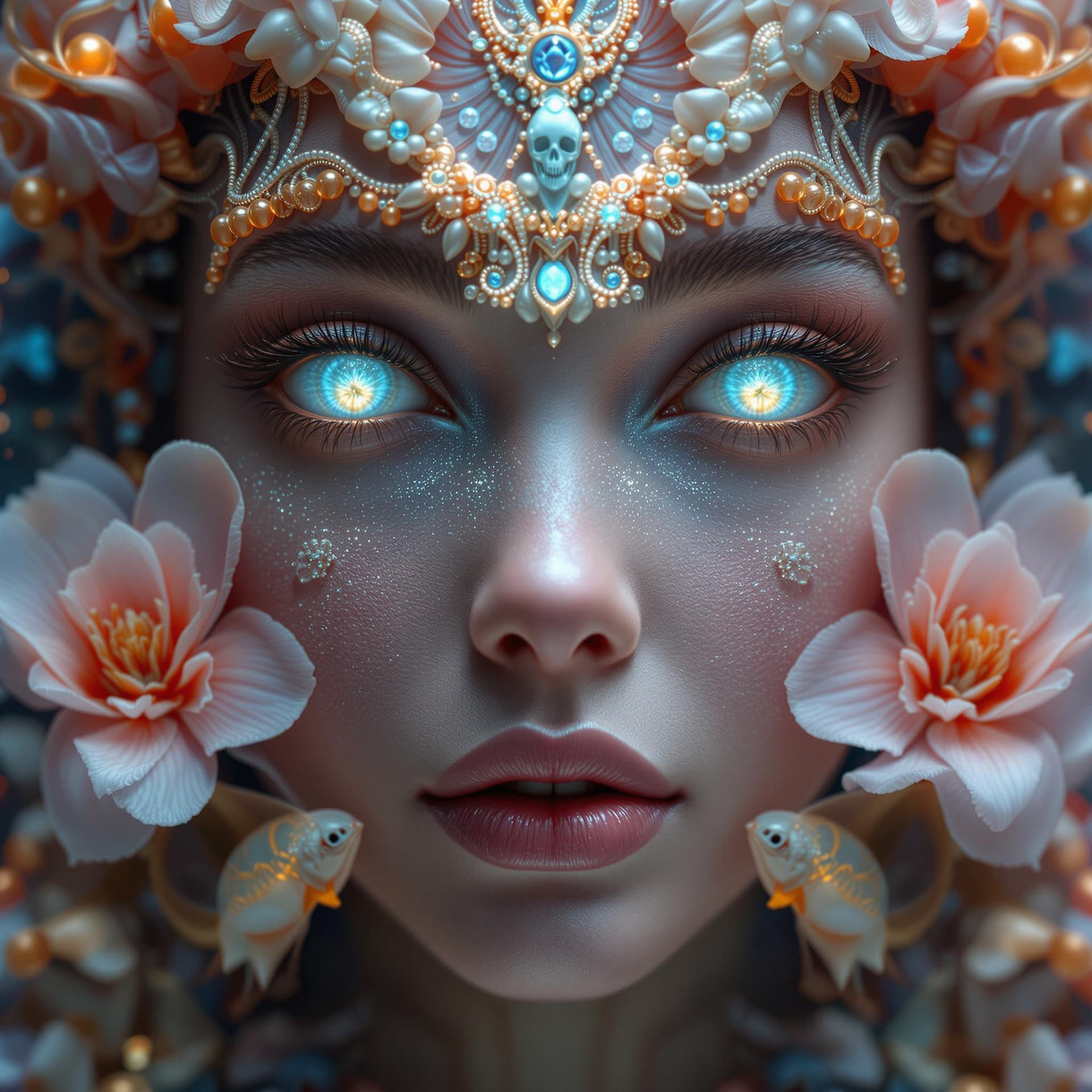 AI generated: Goddess close-up portrait ribcagel. jellyfish phoenix head, nautilus, orchid, skull, betta fish, bio...