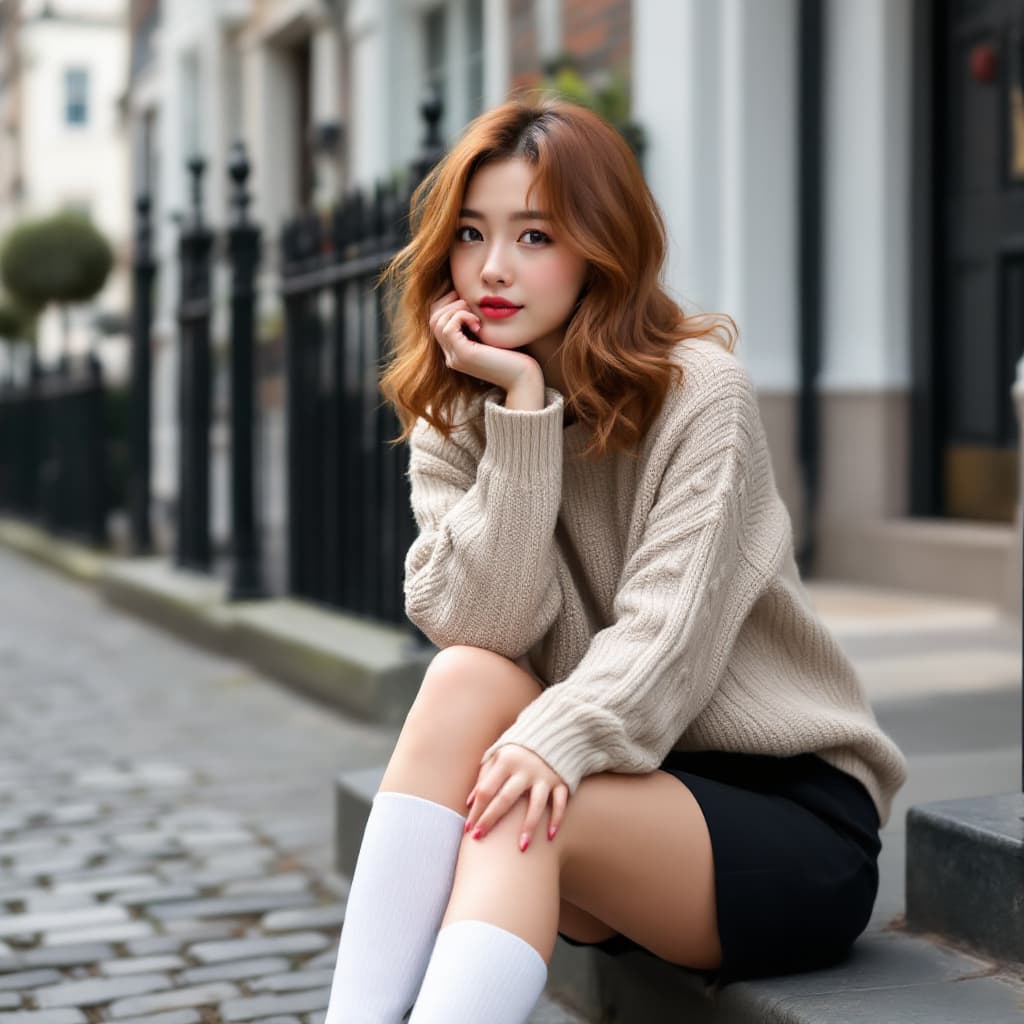 AI generated: Japanese woman,20 year old female with blond curlswoman with chestnut-colored hair is styled in a bl...