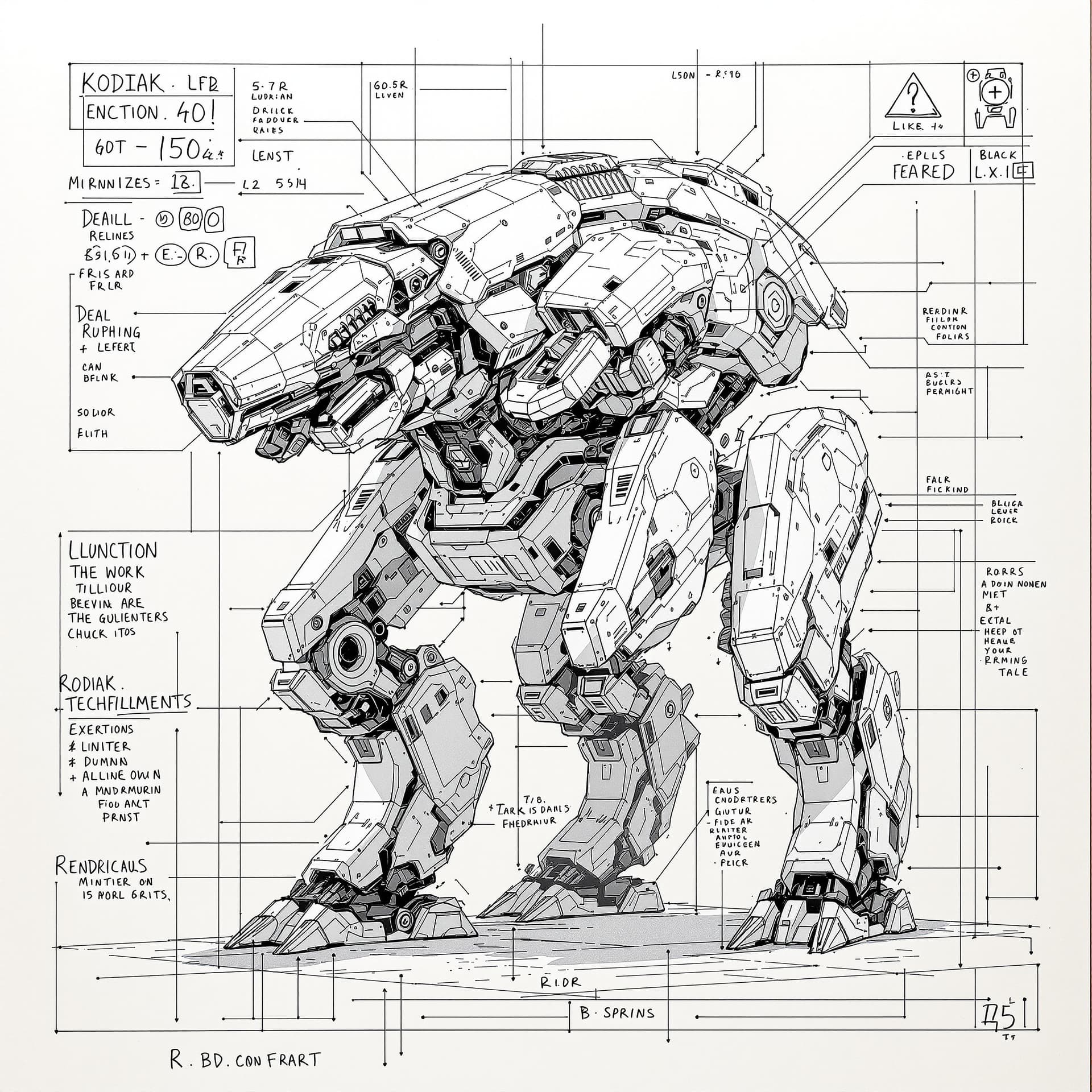 AI generated: black and white technical drawing showcasing a technical illustration, militarized Kodiak ursine rob...