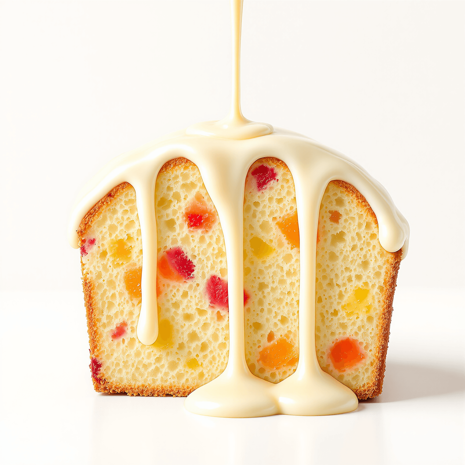 AI generated: A close-up view of a slice of light, fluffy loaf cake embedded with colorful fruit pieces, such as b...