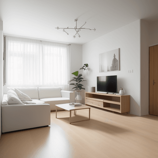 AI generated: photograph a minimalist small apartment living room as it's graced with the soft light of morning, t...