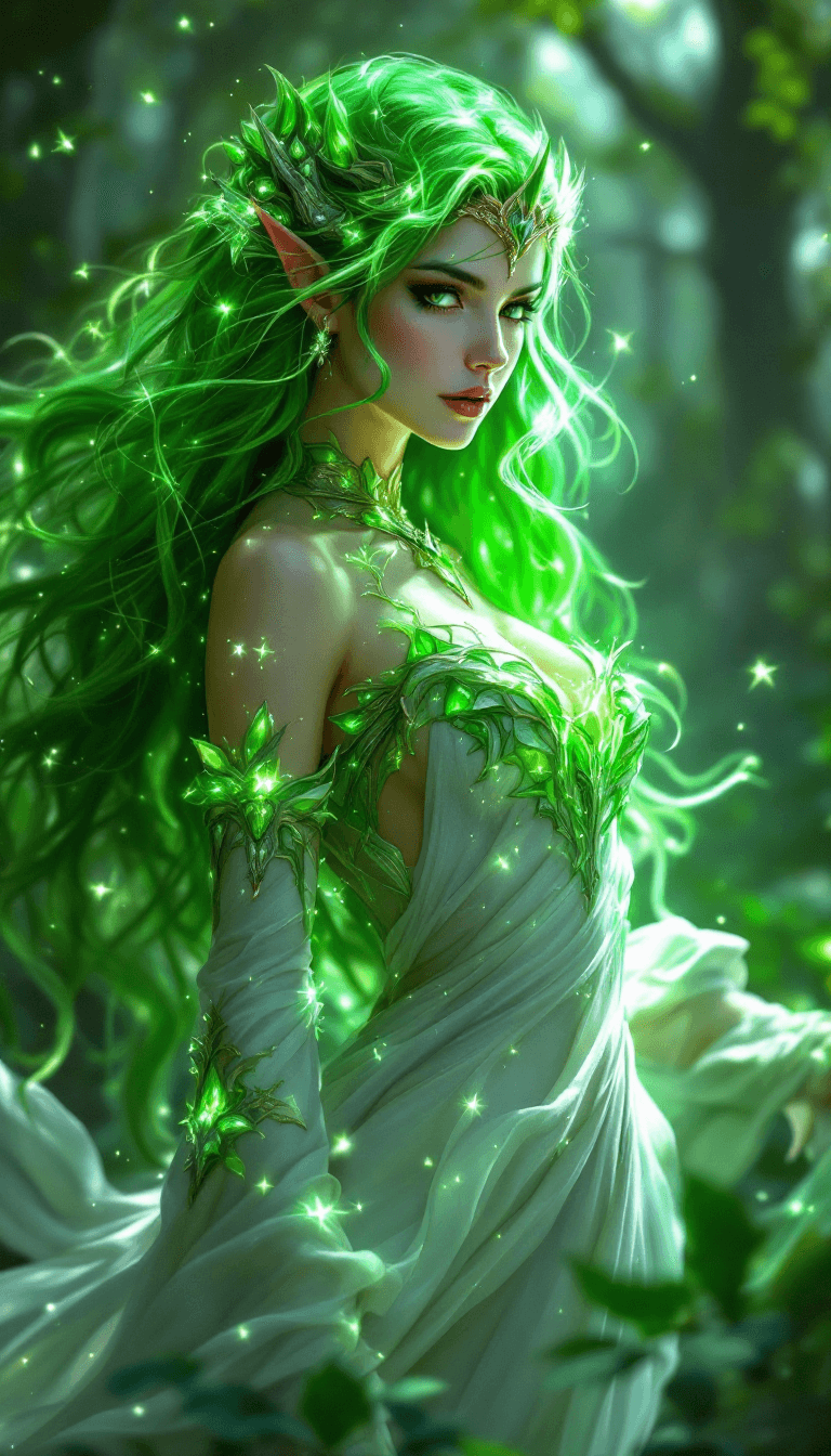AI generated: A captivating female earth mage with flowing green hair, donning a sleek, glowing white dress that r...