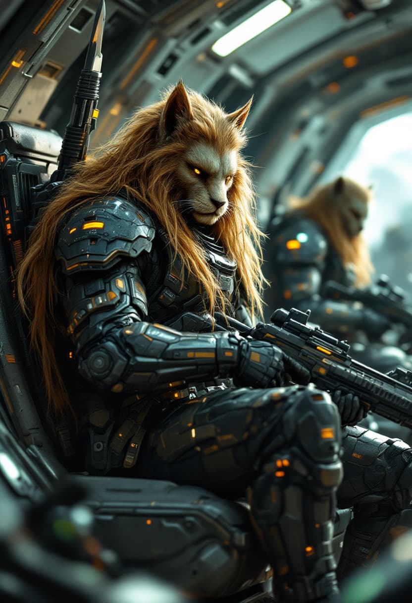 AI generated: A 50yo focused humanoid with feline features and hair like a long golden mane futuristic space marin...