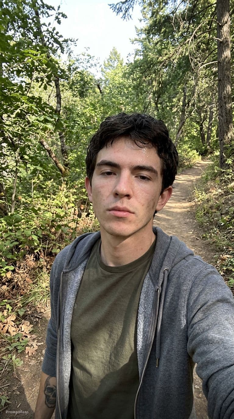AI generated: raw iPhone 15 front camera photo of a young man standing on a trail, casual posture, slightly off-ce...
