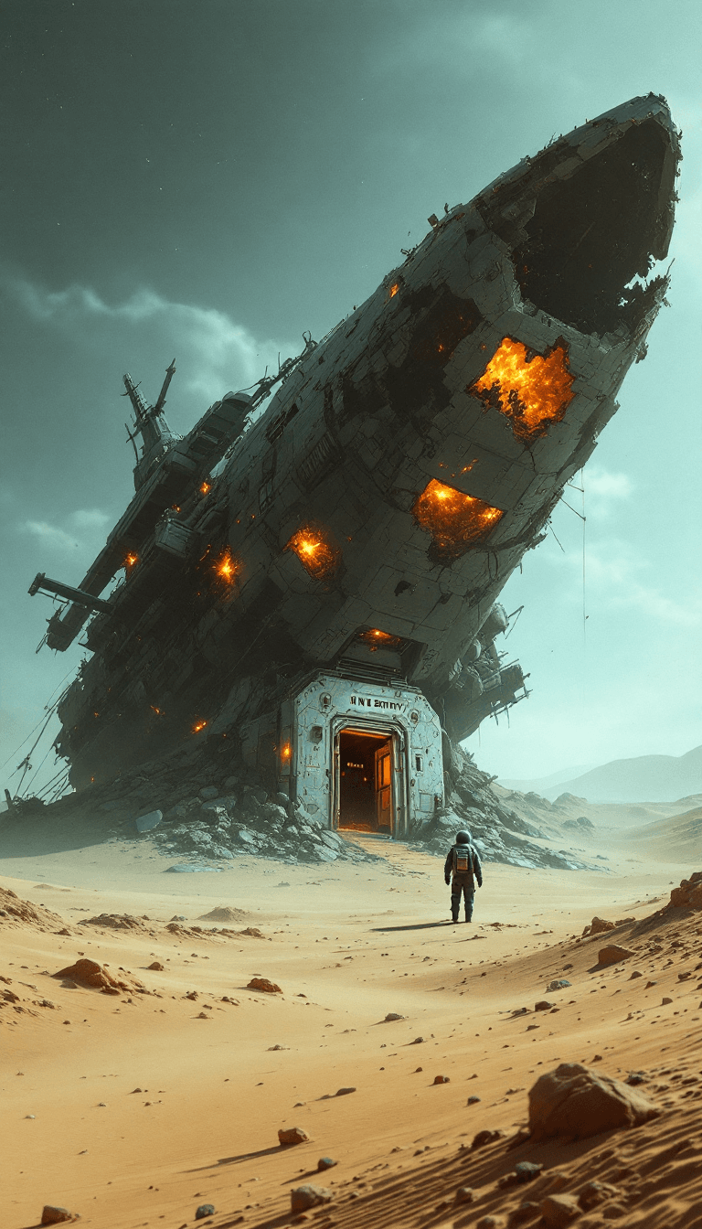AI generated: On a vast, sandy planet, a large, damaged starship lies half-buried in the dunes, with flames and sp...