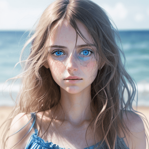 AI generated: a detailed and realistic portrait of a woman with crystal clear round blue eyes and long messy hair ...