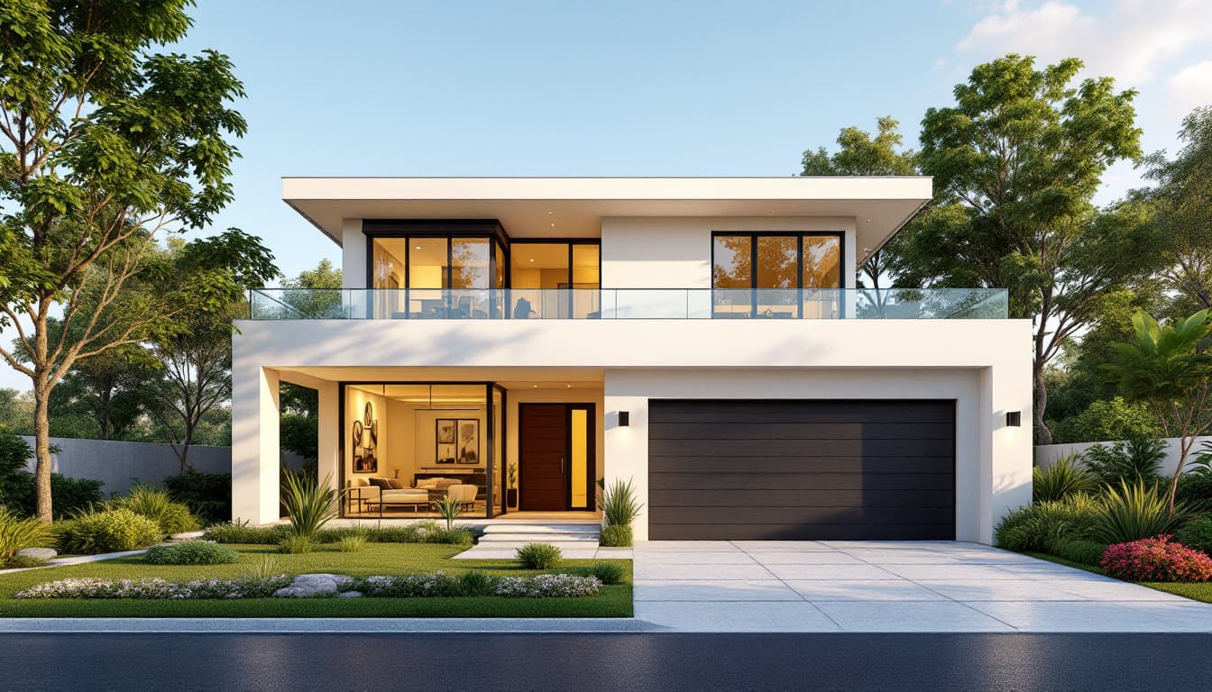 AI generated: modern house, 2 floors, open garage with driveway, beautiful landscape