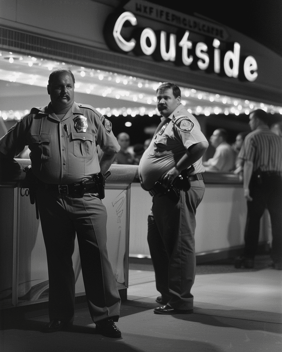 AI generated: A black and white photo of two police officers standing in front of the entrance to an American shop...