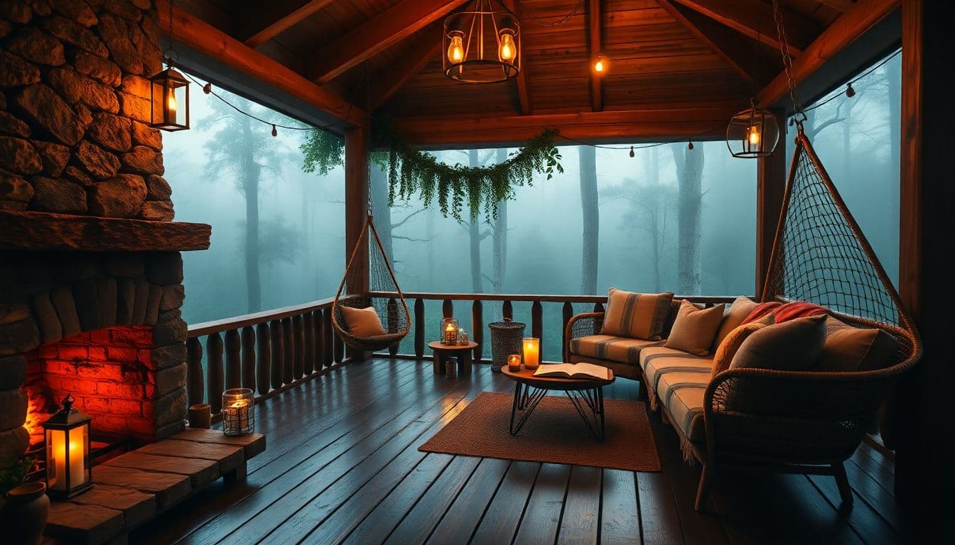 AI generated: A warm and inviting rustic wooden porch nestled deep in a misty forest on a foggy evening. The air i...