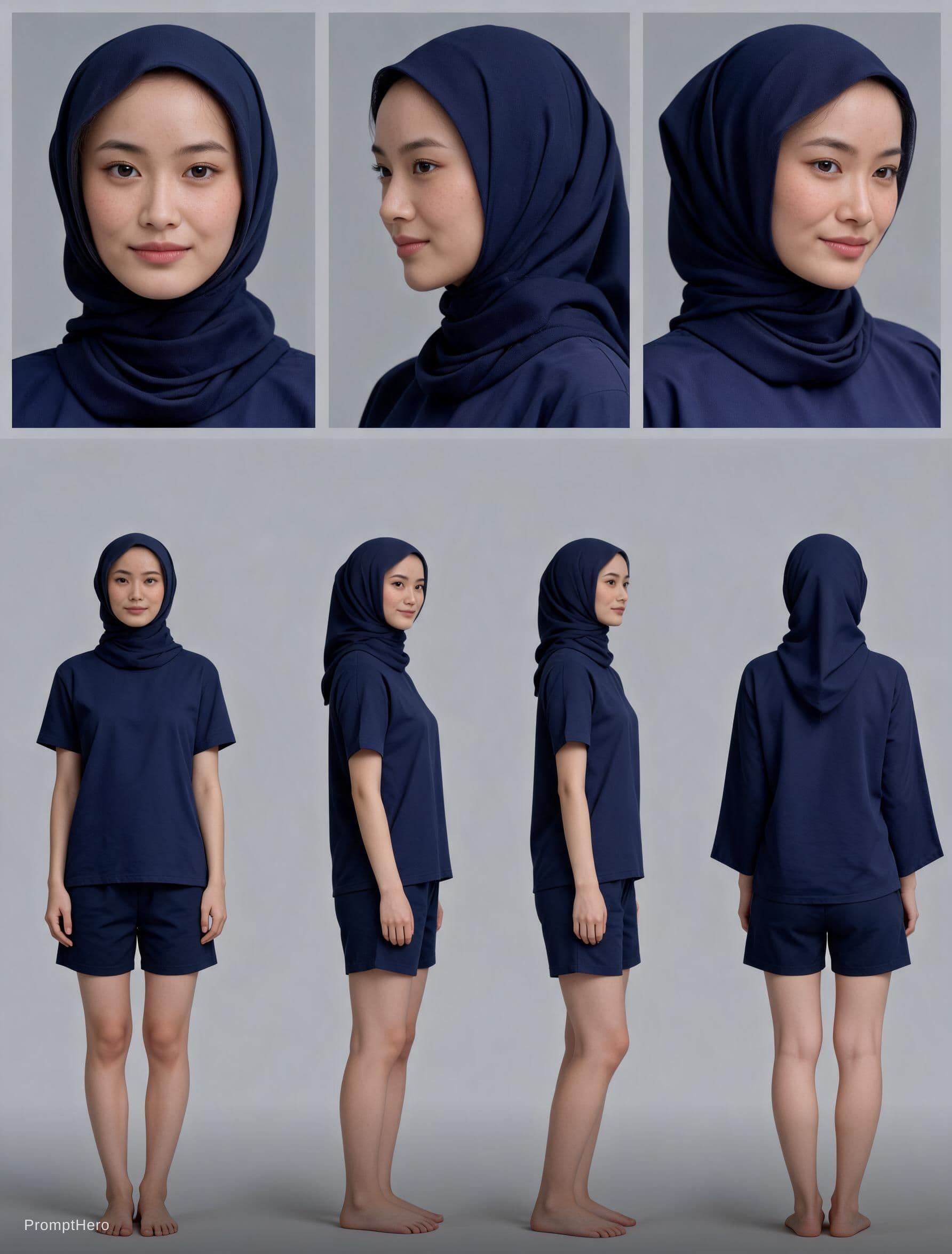AI generated: Create a realistic DSLR character sheet on a grey backdrop using these uploaded selfies as the prima...