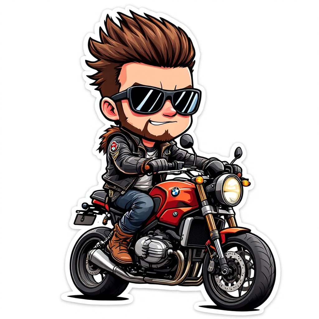 AI generated: ((cute sticker of Biker guy with spiky brown hair, wolf ears, pit viper sunglasses and leather jacke...