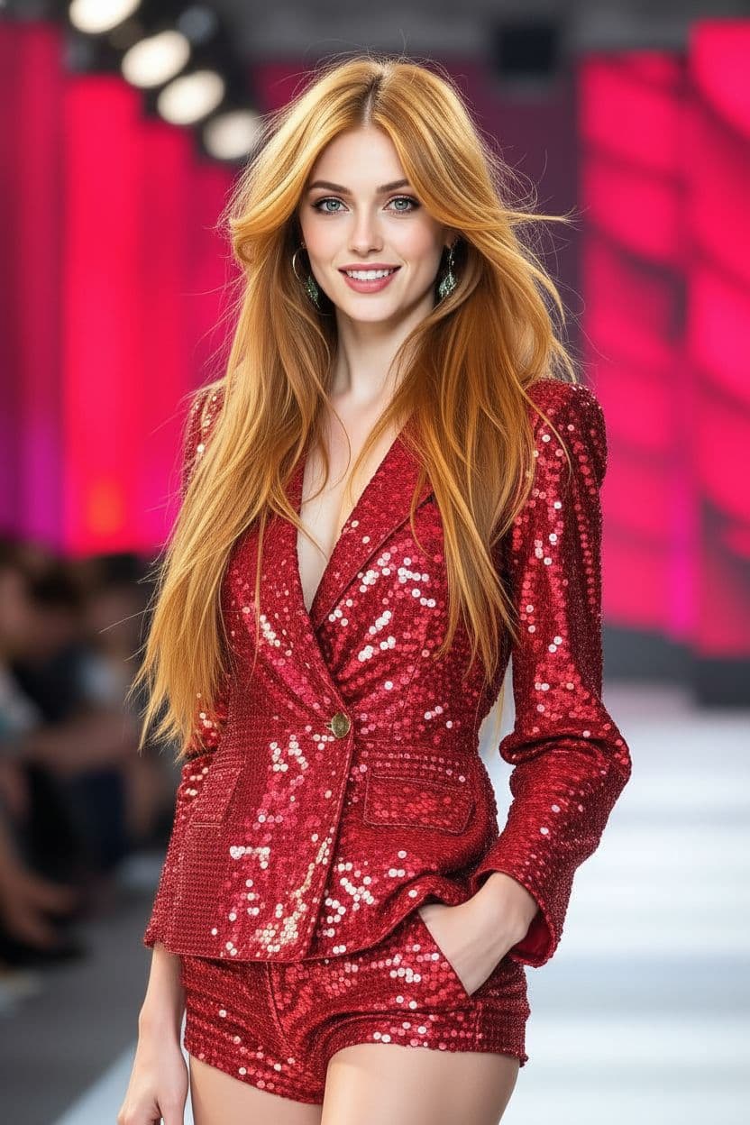AI generated: "High-fashion catwalk runway photograph, Sony A1 50.1 MB camera, 120mm lens, full-hight vertical por...