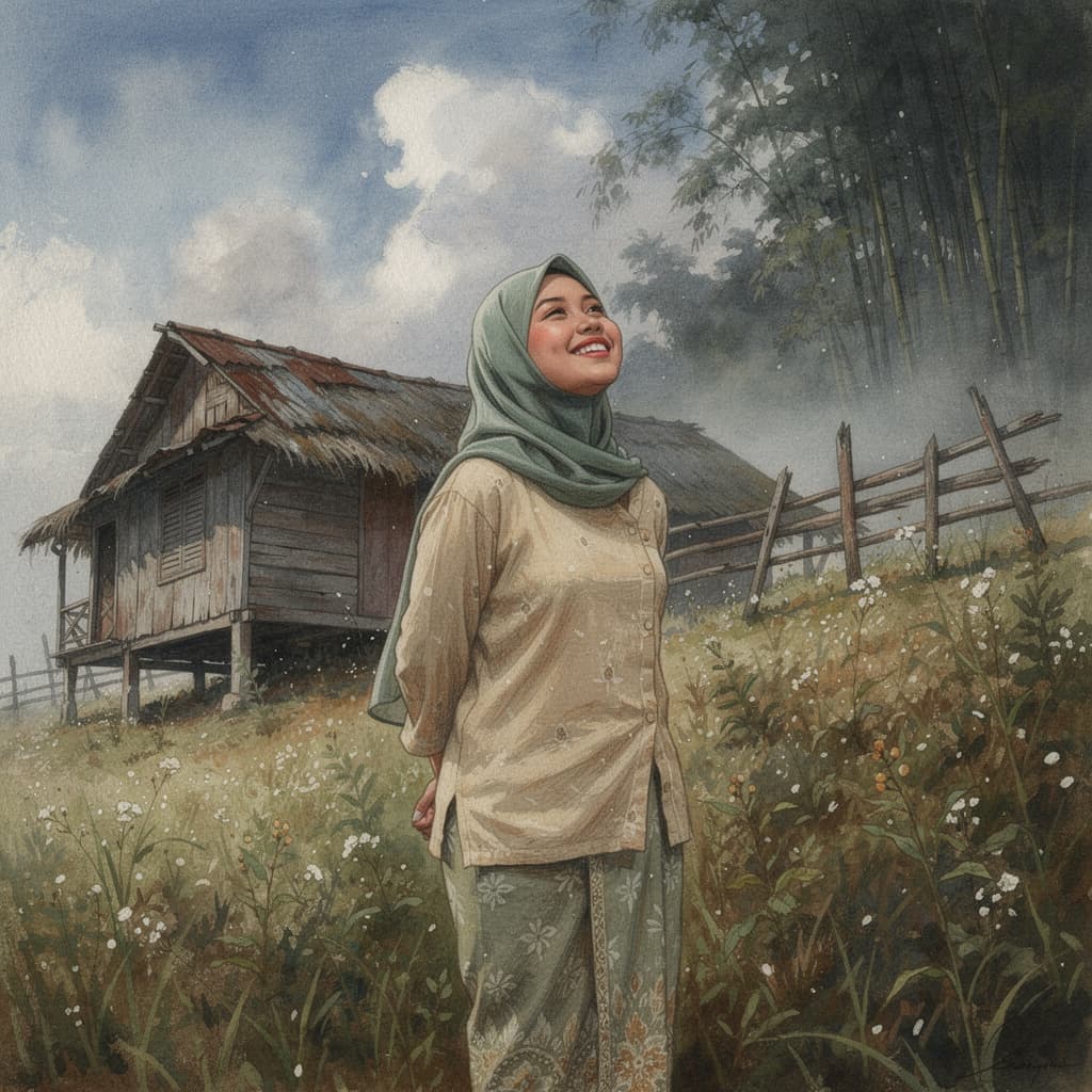 AI generated: Impressionist oil painting of an old, rustic, traditional Malaysian wooden house with a thatched roo...