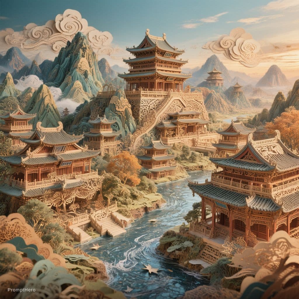 AI generated: Scenic view, ancient Chinese kingdom, papercraft style, intricate crafts, details of traditional Chi...
