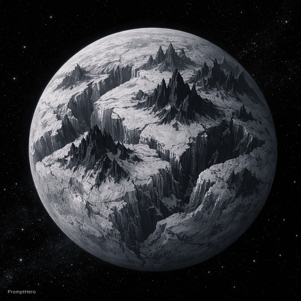 AI generated: a light grey planet with lots of deep canyons and tall black mountains floating in the darkness of s...