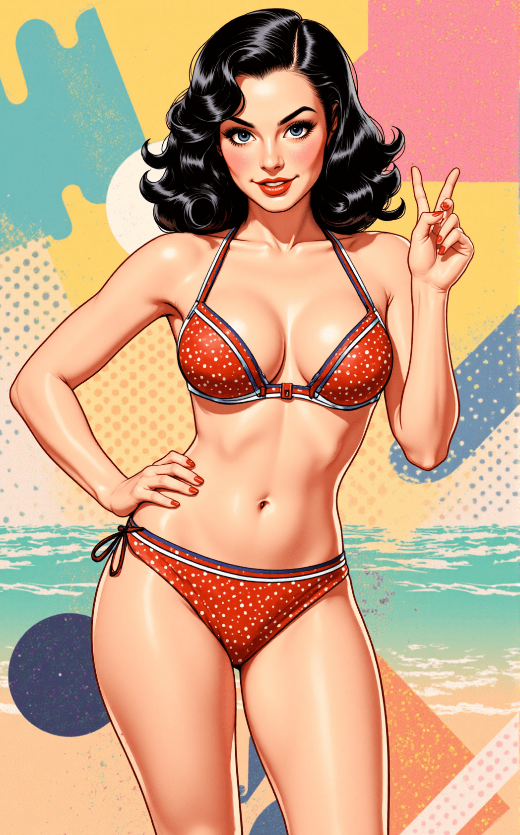 AI generated: A playful pin-up young female stands confidently, with glossy raven hair styled in soft victory roll...