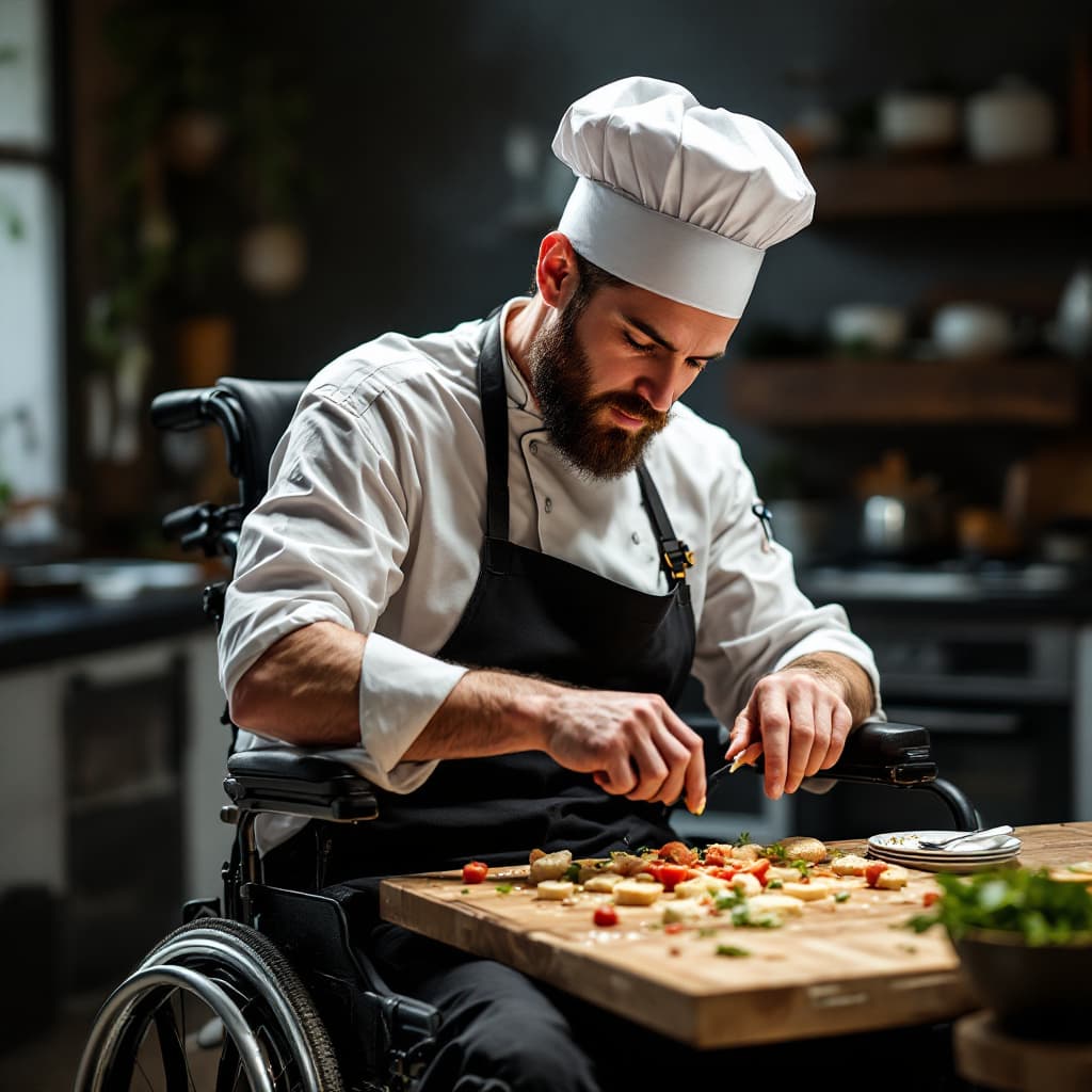 AI generated: creative chef working on his wheelchair 
after spinal cord 
injury 
