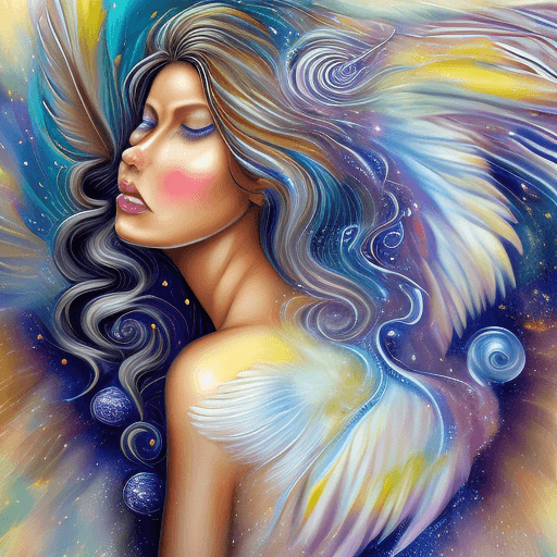 AI generated: a women, angel, feathers, pearsl mystic space splash swirl
