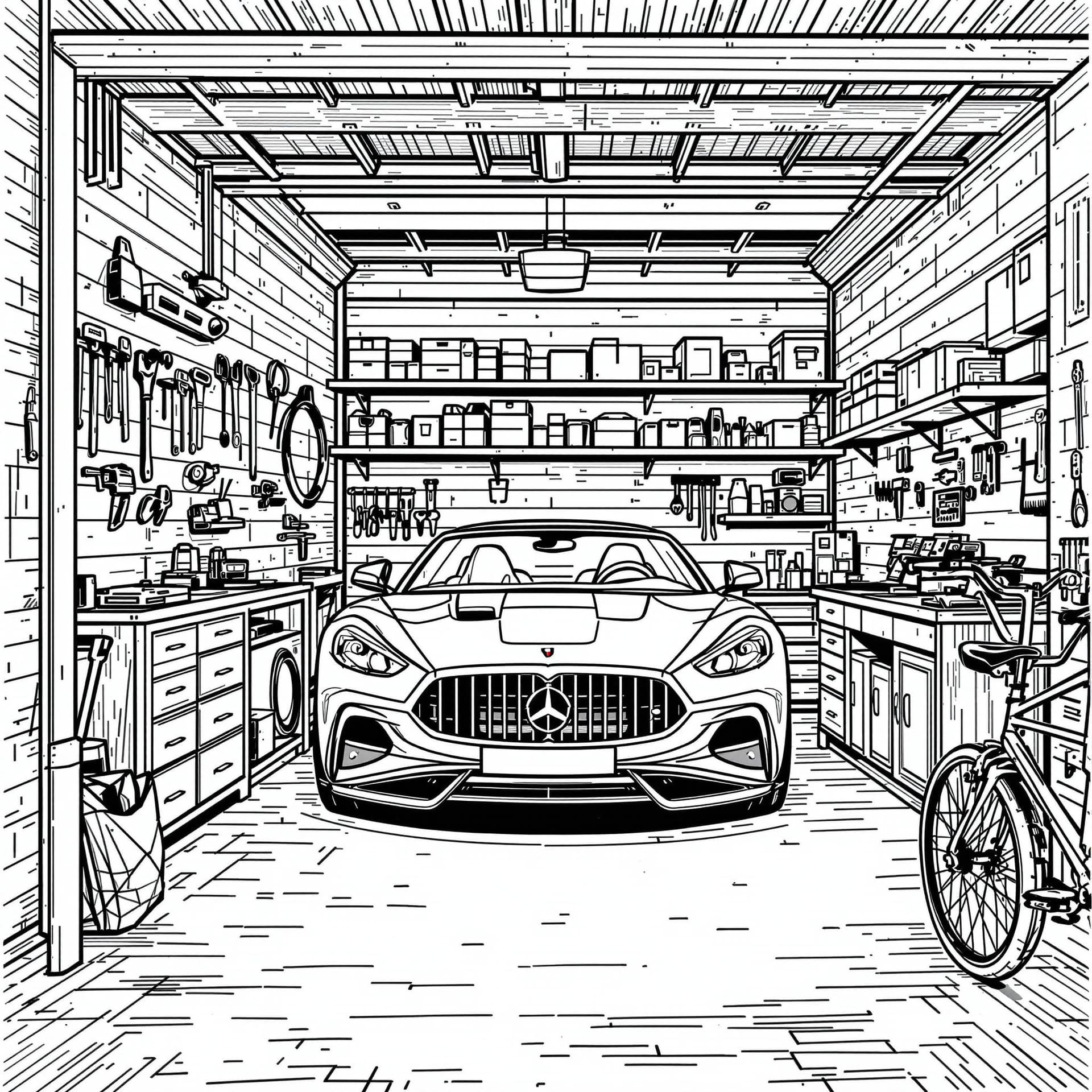 AI generated: High-resolution black-and-white line drawing of a garage: Include detailed elements such as a luxury...