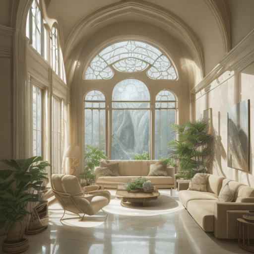 AI generated: High resolution photography interior design, dreamybiophilic lounge, biophilic, arch windows, water,...