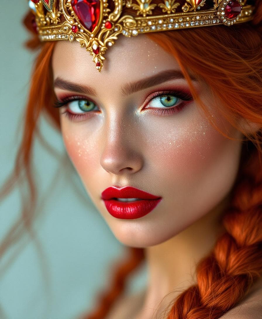 AI generated: A stunning close-up portrait of a regal woman with long, braided bright red hair and luminous green-...