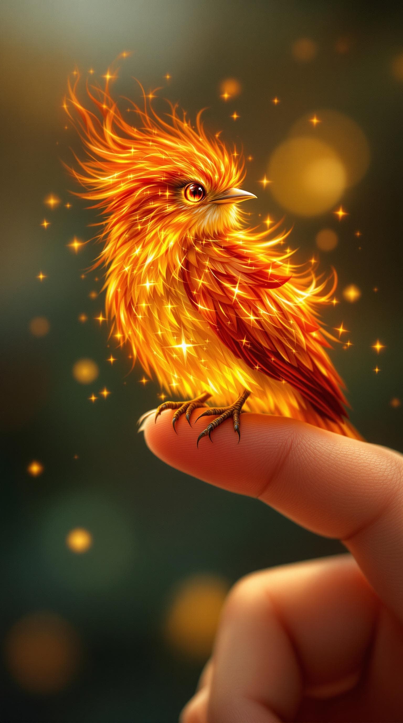 AI generated: Create a detailed and enchanting image of a tiny fire bird perched on a person's finger. The fire bi...