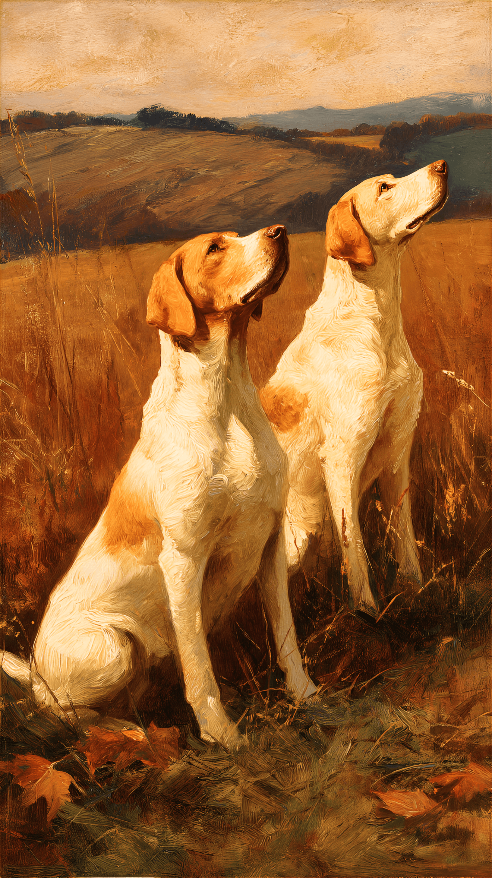 AI generated: Two hunting dogs,  medium-sized,  light brown and white,  are depicted sitting attentively in a gold...