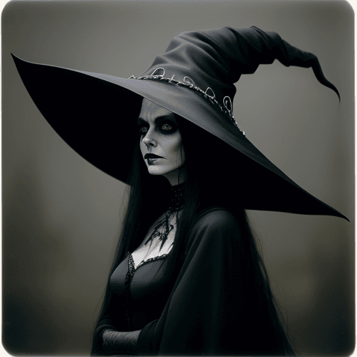 AI generated: black metal, woman, wearing a large stylish witch hat, wearing a large black gown, looking into the ...
