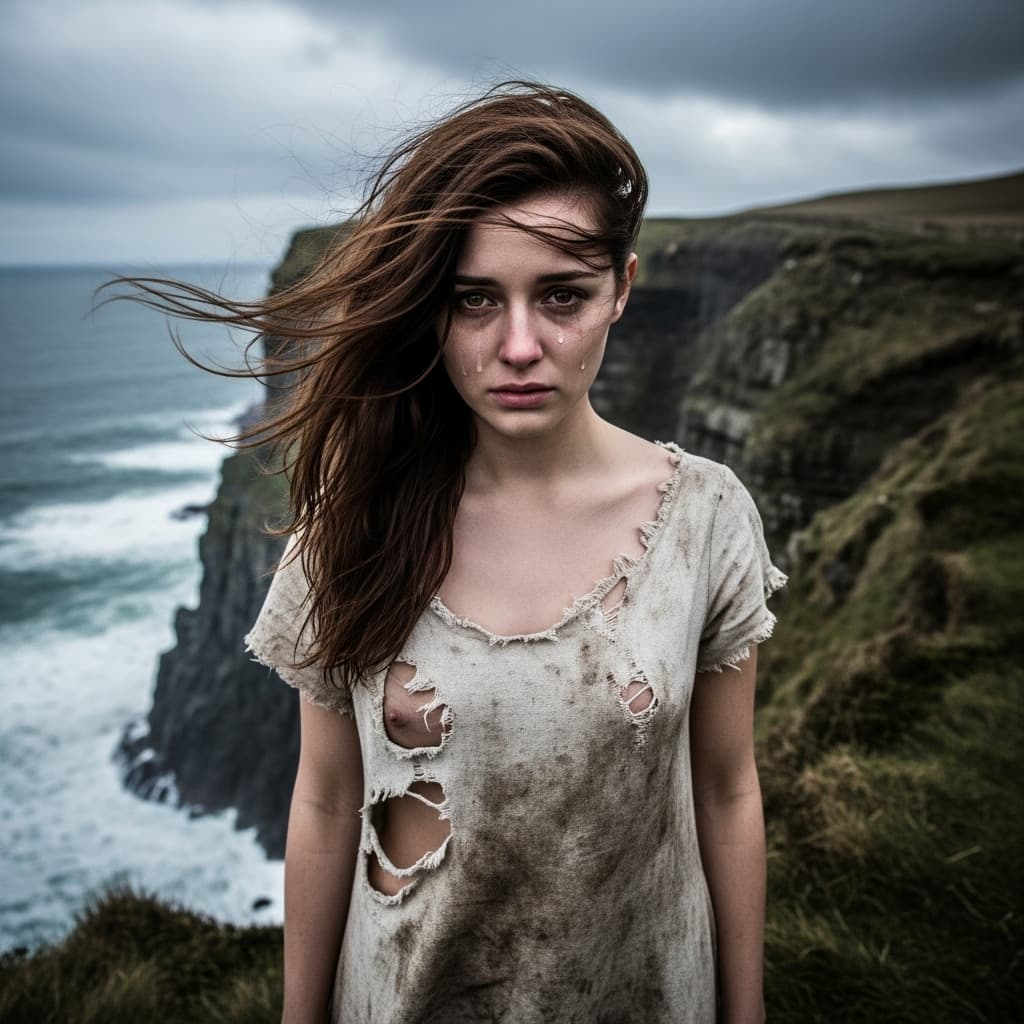 AI generated: A gorgeous young lady, disappointed in love, stands at the edge of a cliff, the wind is blowing her ...