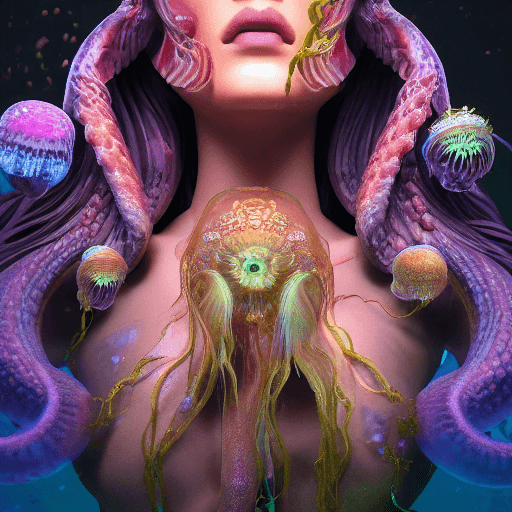 AI generated: Goddess close-up portrait ribcagel. jellyfish phoenix head, nautilus, orchid, skull, betta fish, bio...