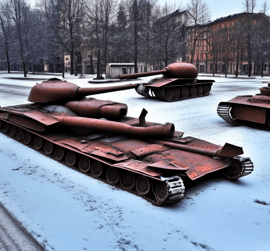 AI generated: one  lost  rusted   russian  tank  is dead. It is lying on  the ground in the street in a  german ci...
