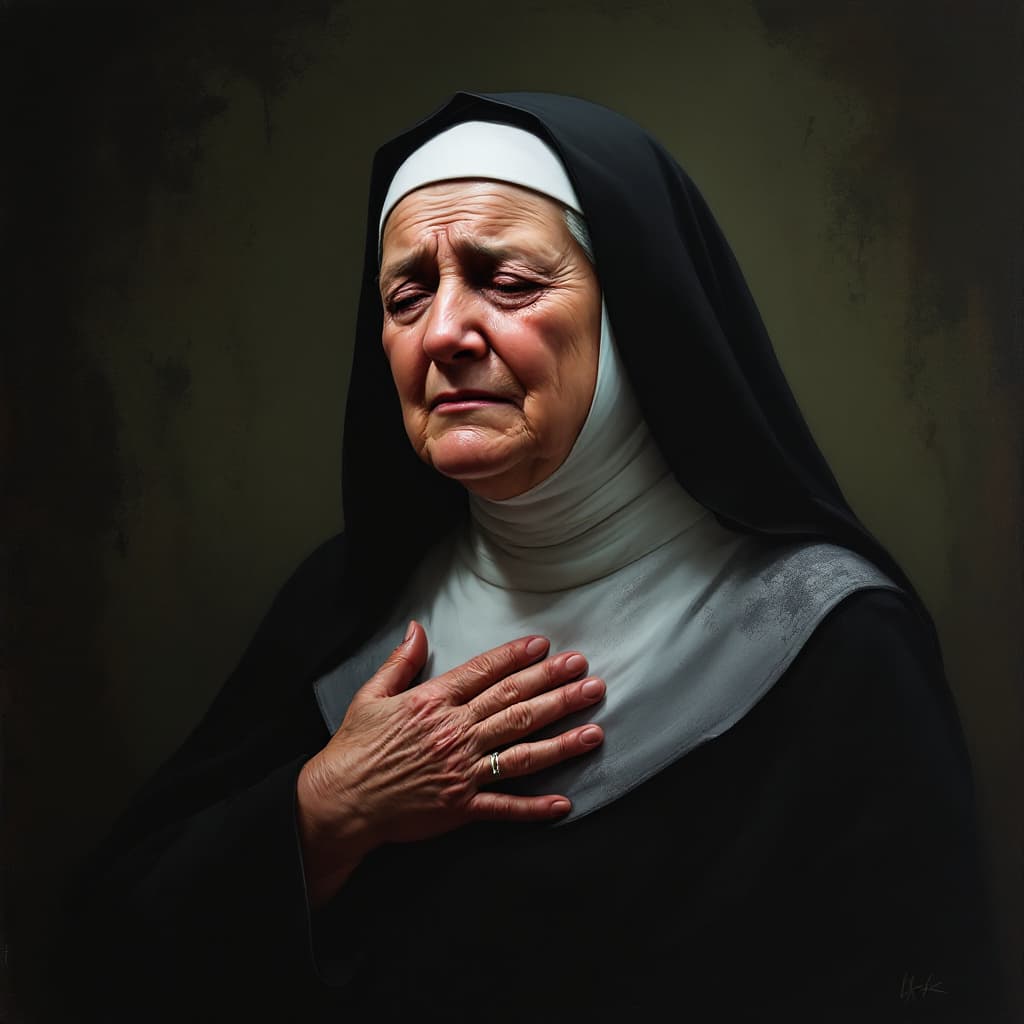 AI generated: middle aged nun, big breasted, tears, crying, hands on breast