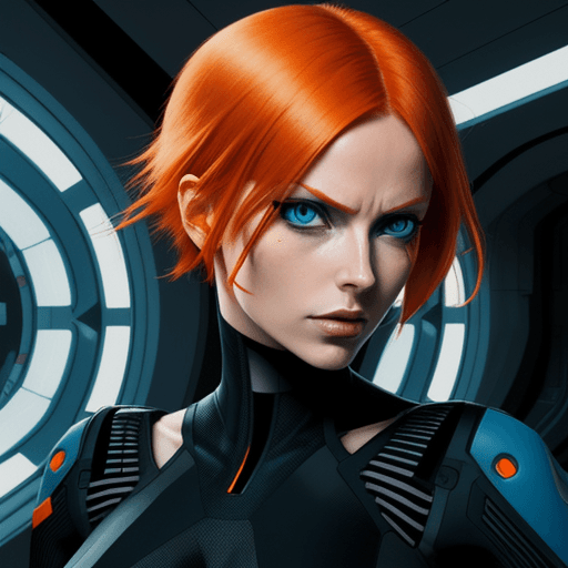 AI generated: aeon flux, orange hair, blue eyes, half body, interior, futuristic city, <lora:Aeon_Flux_Style-09:.6...