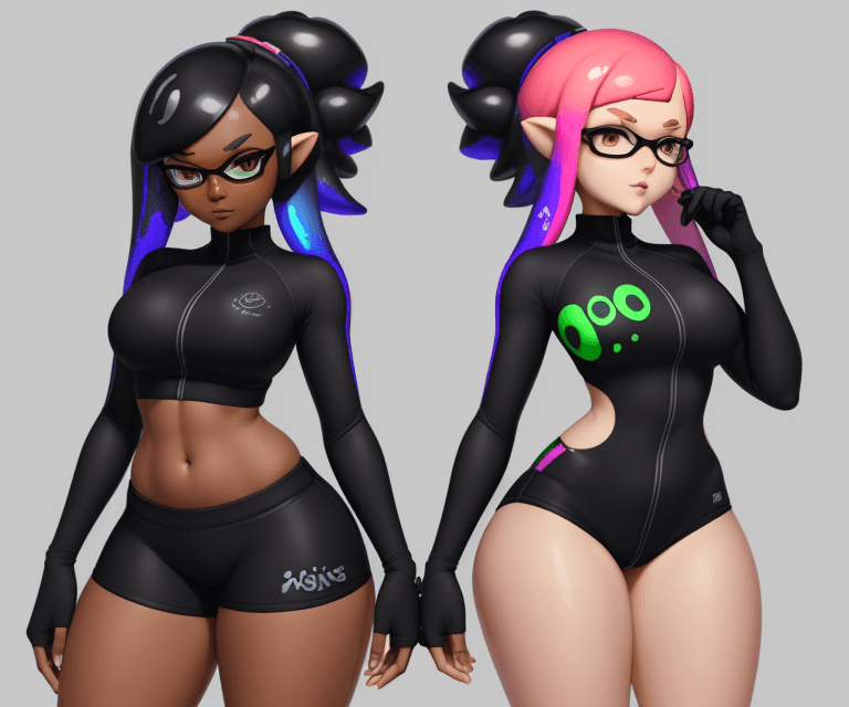 AI generated: Splatoon, inkling, goddess, high tech, thick thighs, large chest, black, dark skin, sports wear, sui...