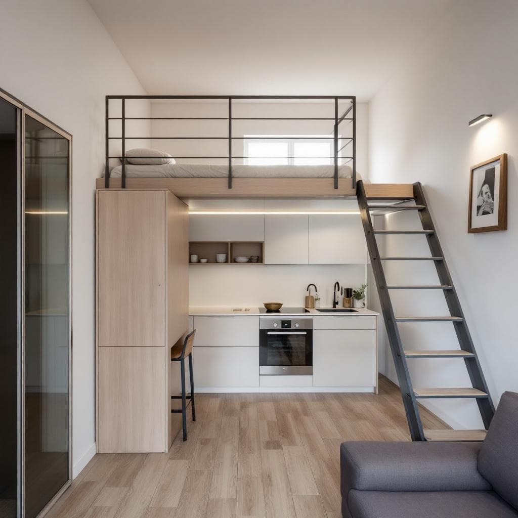 AI generated: The interior of a ground floor, two-story, single-room space in Kozani Greece, approximately 65m² th...