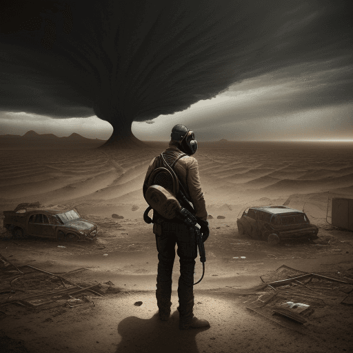 AI generated: In style of David Fincher, in the midst of a devastated post apocalyptic landscape, only figure is t...