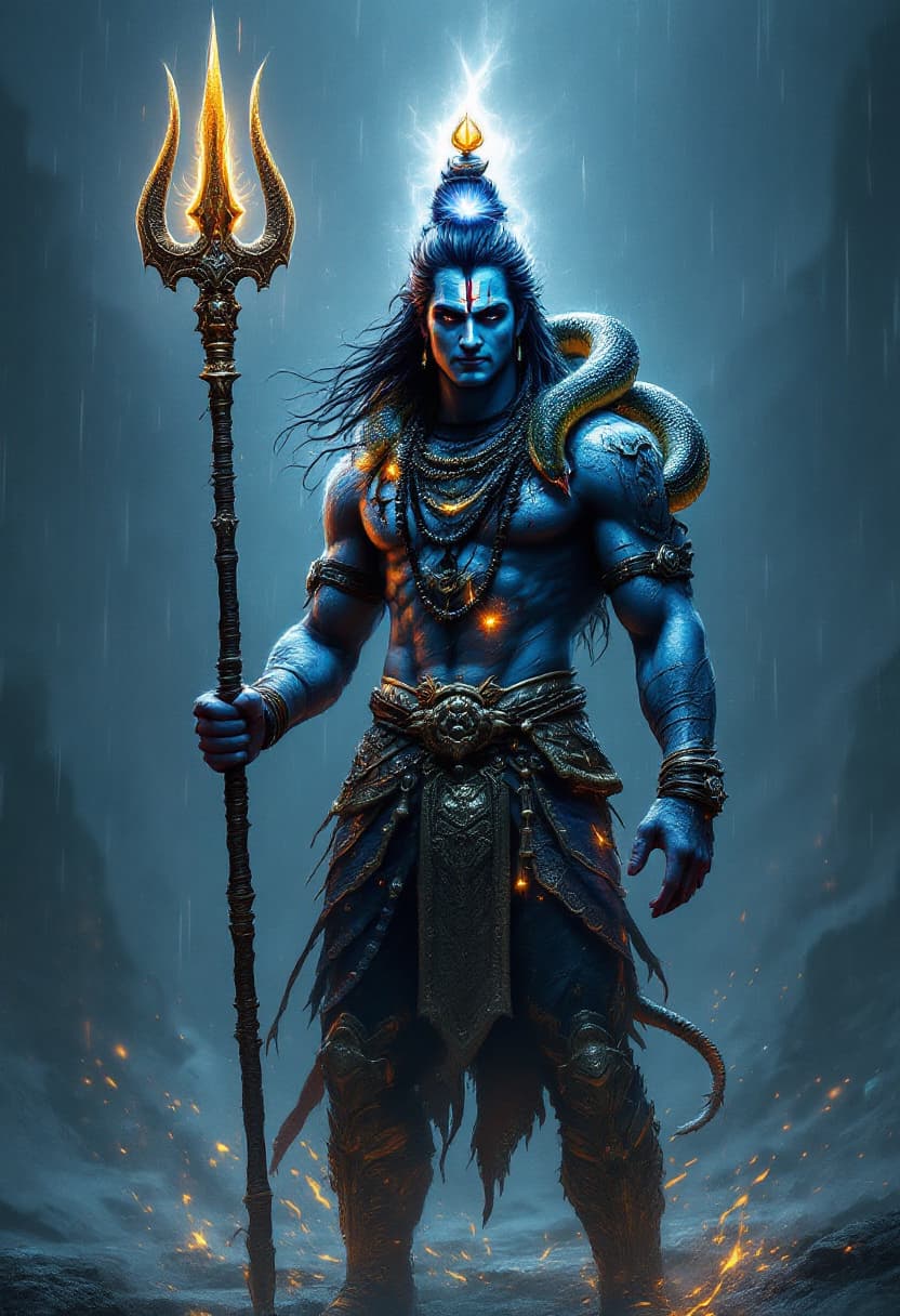AI generated: digital wallpaper, Lord Shiva the warrion, big cobra on his neck, trishul in his hand, alone, glowin...
