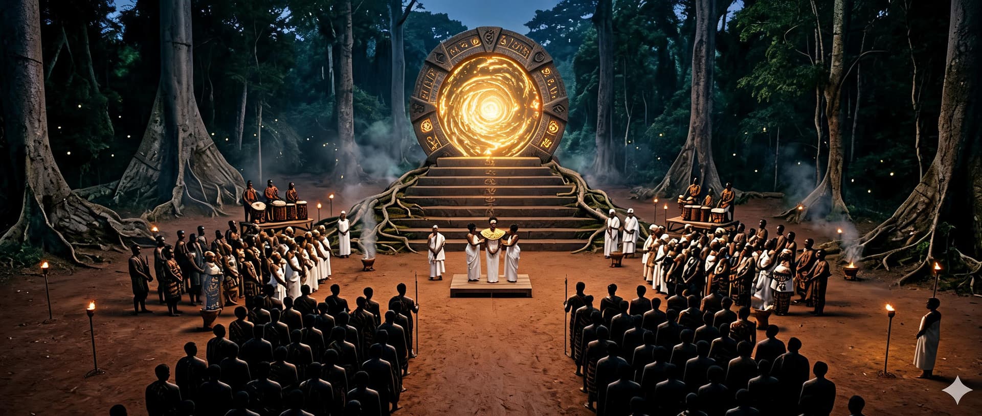 AI generated: ### Image Analysis

This image is a **cinematic Afro-futurist sacred ceremony** set in an ancient fo...