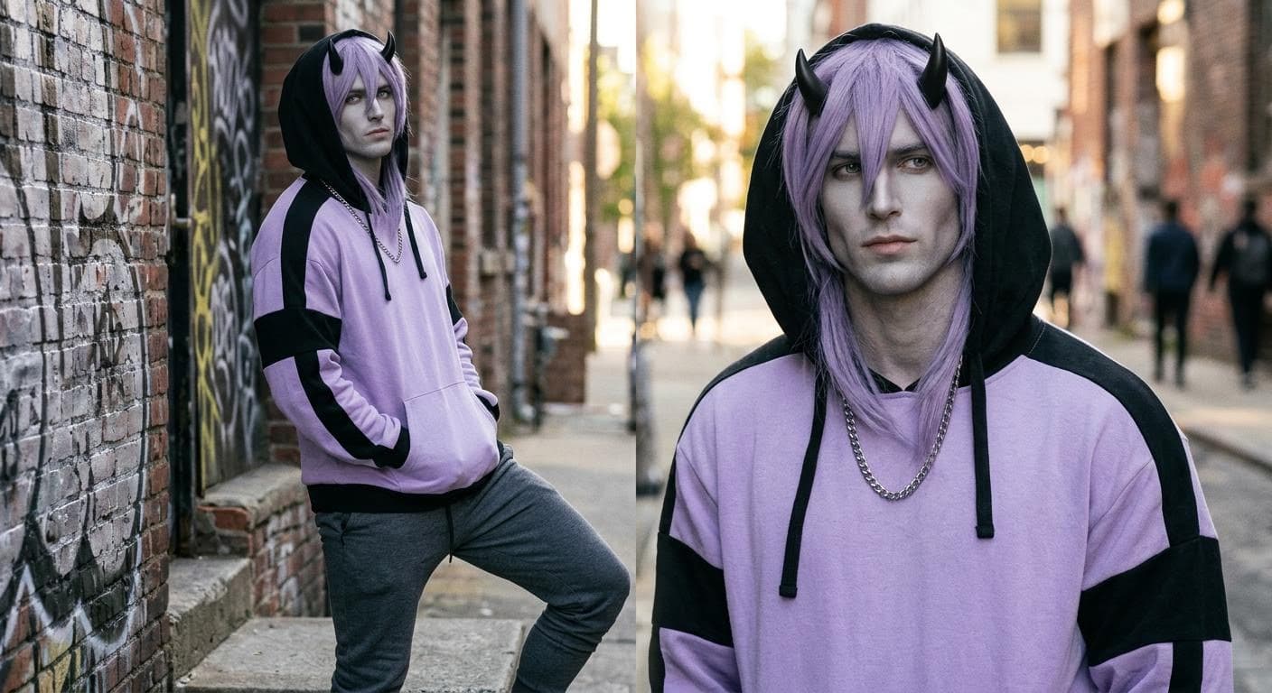 AI generated: A muscular attractive man with light grey skin and Light purple hair with grey eyes with lavender an...
